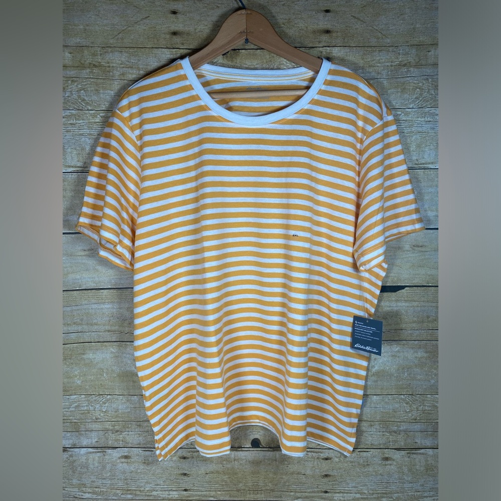 NWT Eddie Bauer Womens sz 2XL Myriad Crew Shirt Marigold Stripes Short Sleeves